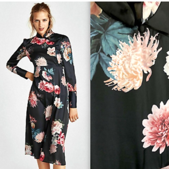 ZARA BLACK SATIN STYLE FLORAL DRESS-NWOT🌸🌼🌸PTP 19 - Picture 3 of 5